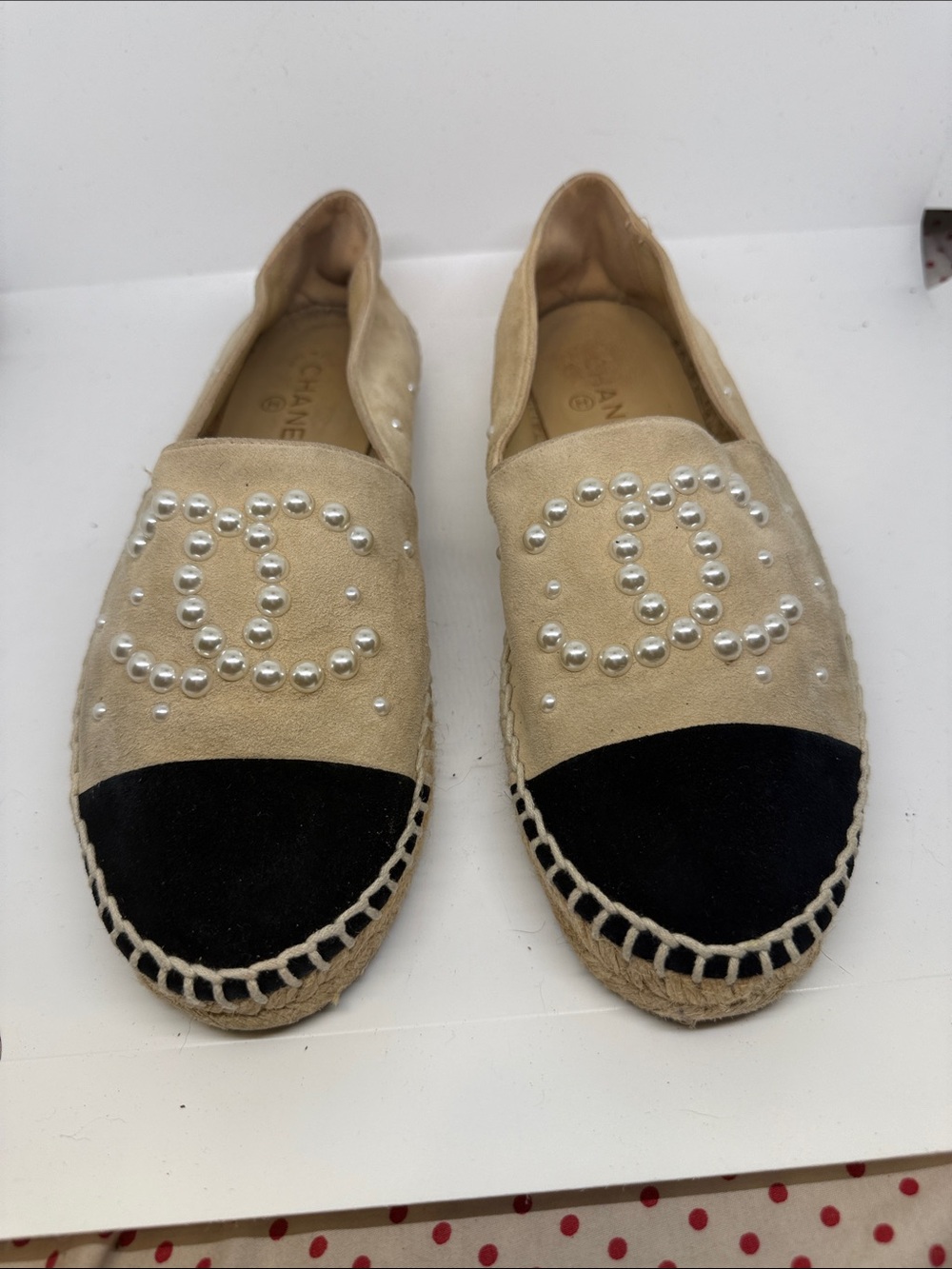 CHANEL Beige Suede Espadrilles with Black Cap Toe and Pearl CC Emblem